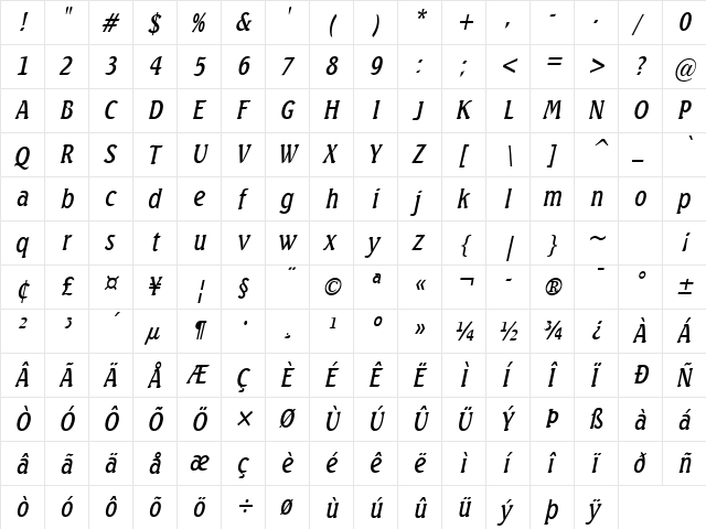 Beach-Condensed Italic  glyph index