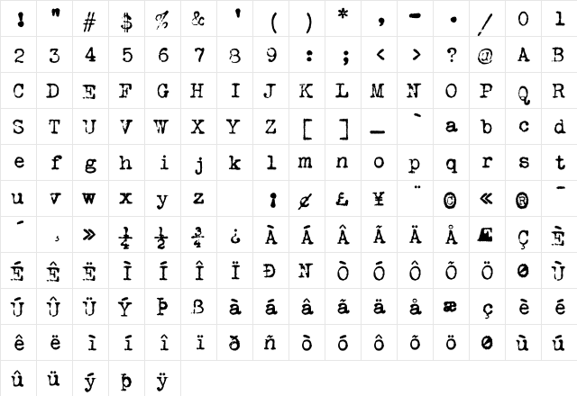 VTPortableRemington Regular  glyph index