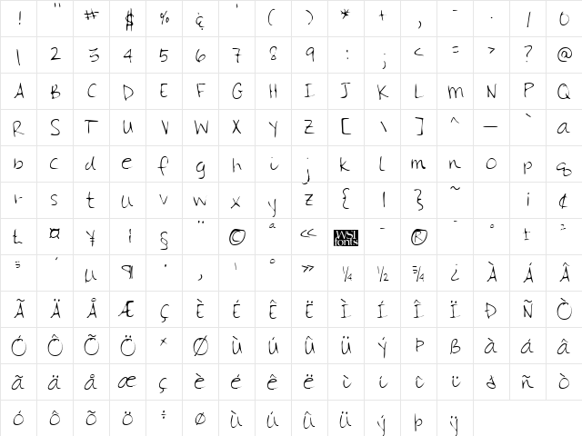 GinasHand Regular  glyph index