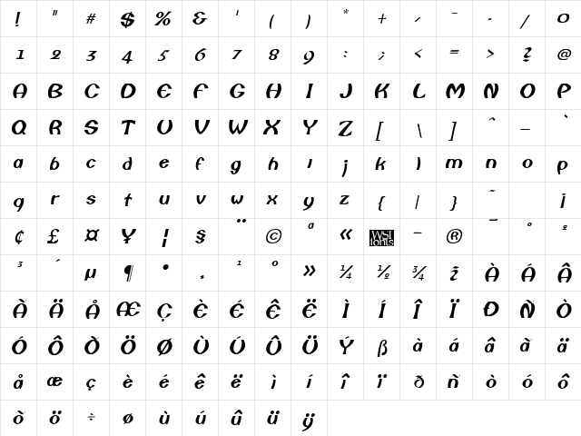 Cowlick Italic  glyph index