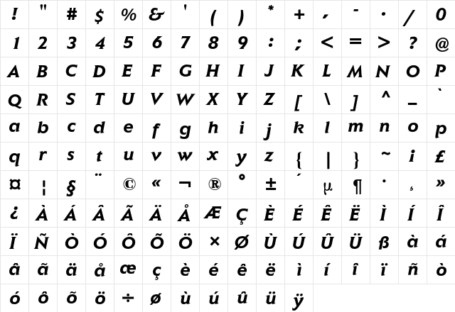 Elan BQ Regular  glyph index