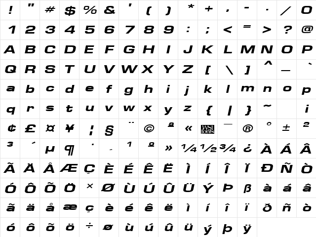 EuroseWideHeavy Italic  glyph index