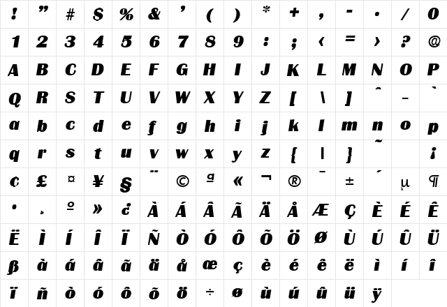 Grenoble-Serial-Heavy RegularItalic  glyph index