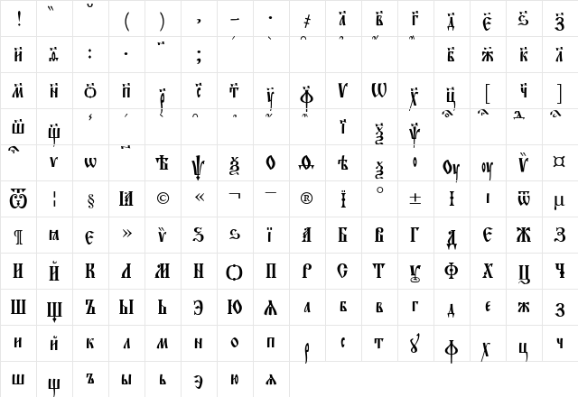 EvangelieTT Regular  glyph index