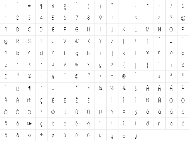 Asenine Thin Regular  glyph index