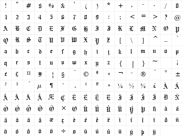 EngrvrsOldEng BT Regular  glyph index
