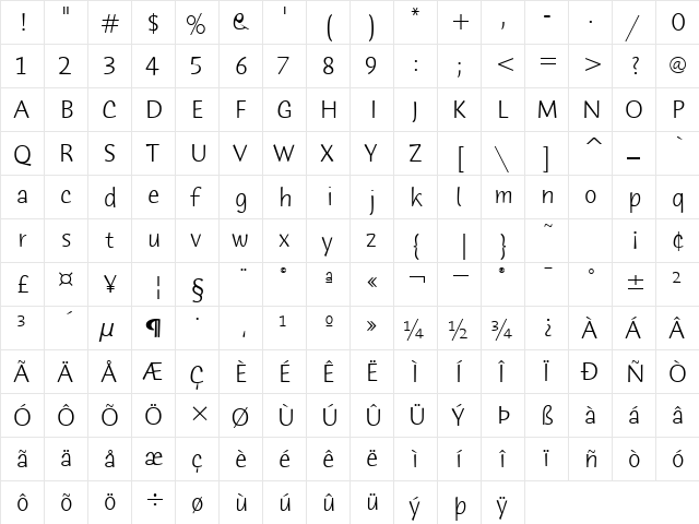 Humana Sans ITC TT Light  glyph index
