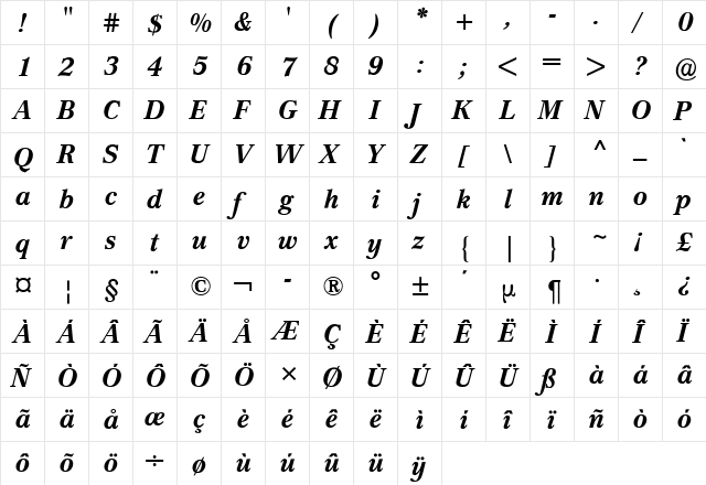 Cremona BQ Bold Italic  glyph index