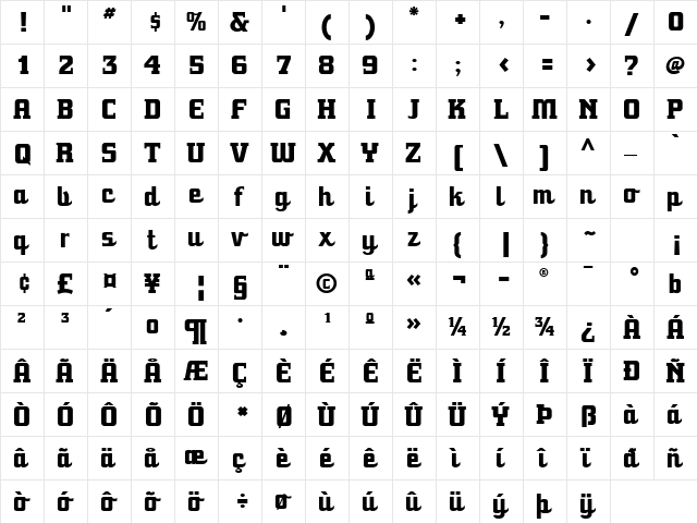 SpeedwaySG Bold  glyph index