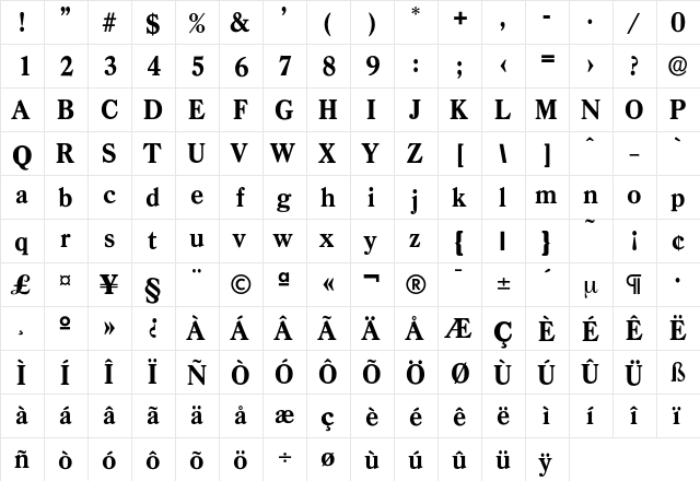 Casad-Bold Regular  glyph index