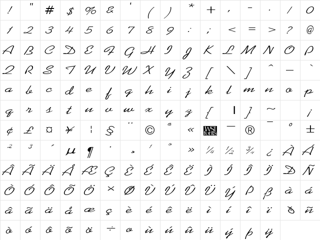 KoffeeWide Regular  glyph index