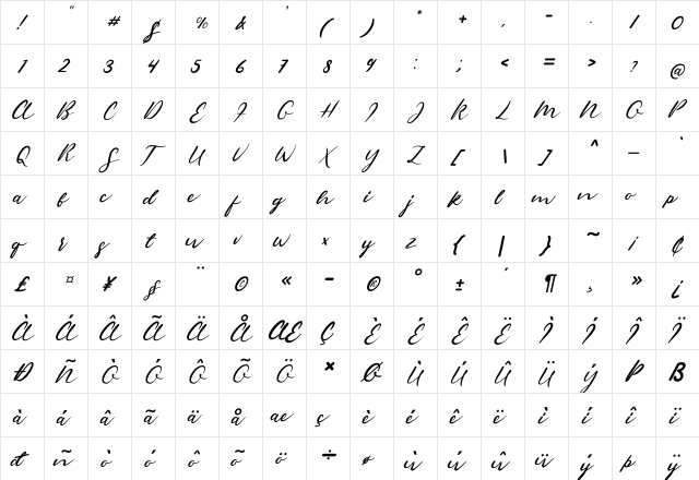 Sambara Italic Regular  glyph index