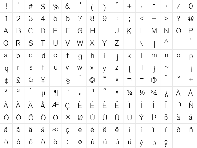 ExpressLightSSK Regular  glyph index