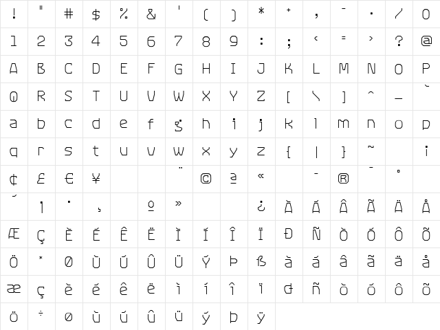 RangeLight Regular  glyph index