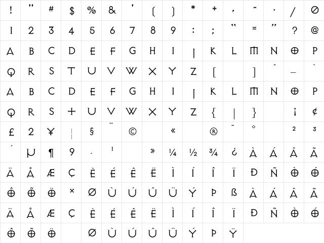 Exocet-Light Light  glyph index