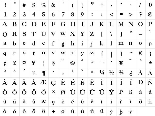 Caslon 3 LT Regular  glyph index