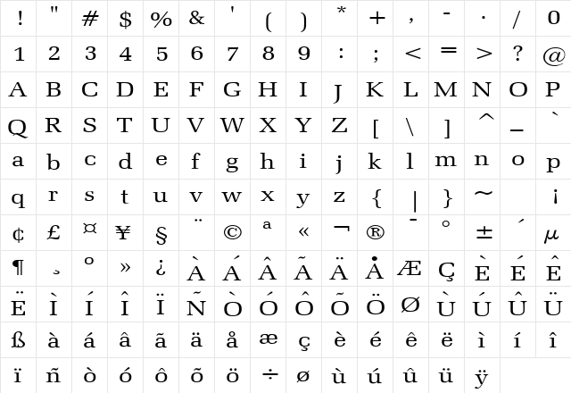 Bid Roman Wide Normal  glyph index