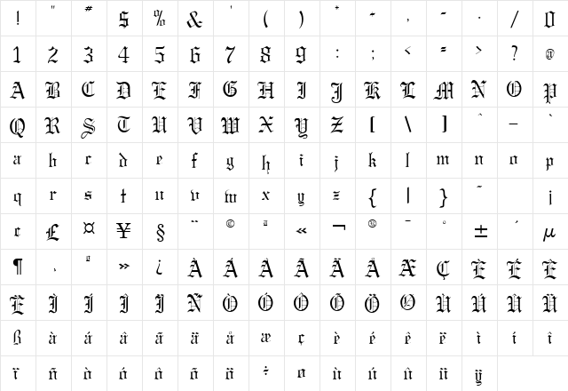 Gregory Wide Normal  glyph index