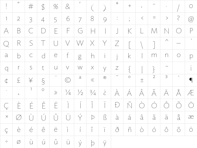 Ideal Sans Thin  glyph index