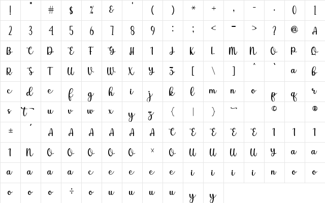 Olivia Regular  glyph index