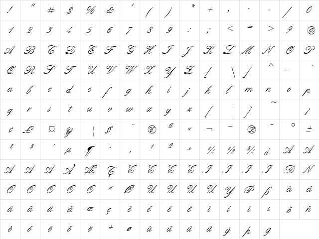 QuadrilleScriptSSK Regular  glyph index