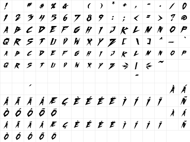 Fighting Spirit turbo Bold Italic  glyph index