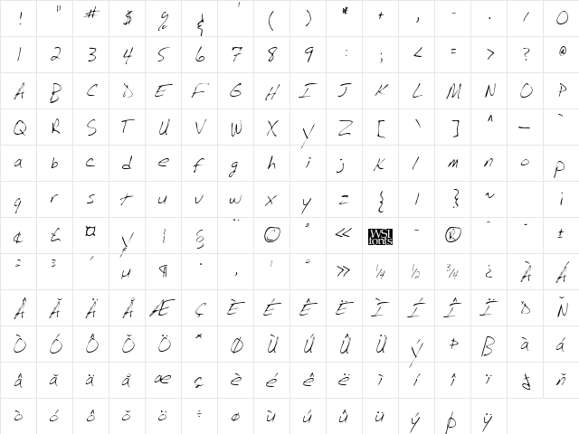 BarrysHand Regular  glyph index