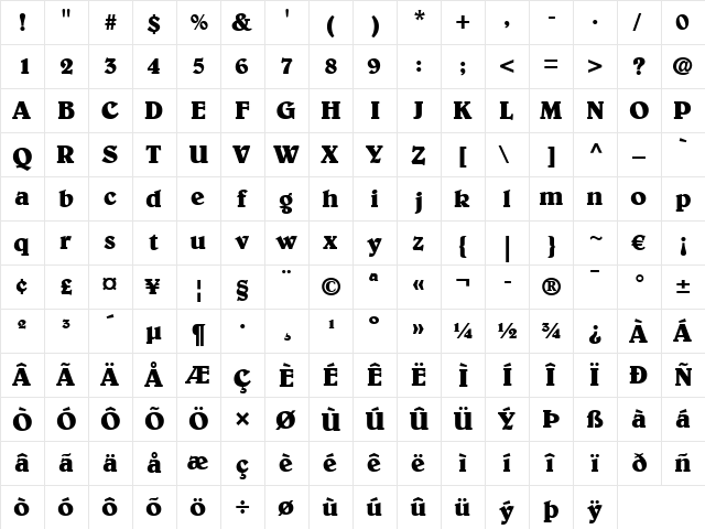 Belwe LT Light Bold  glyph index