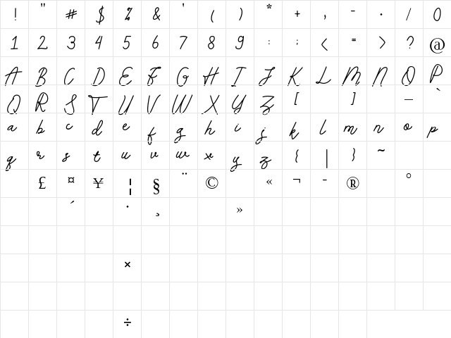 Andalusia Regular  glyph index