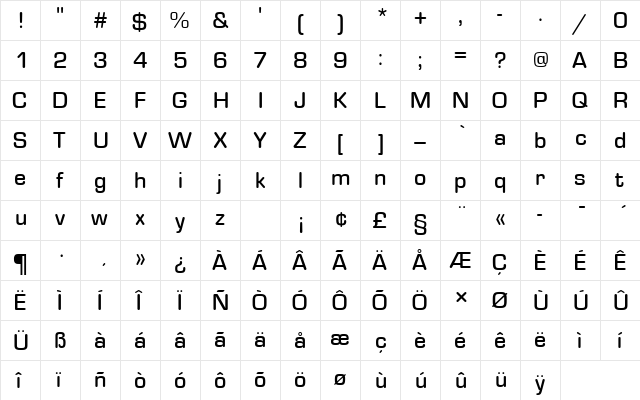 EurostileTMedRo1 Regular  glyph index