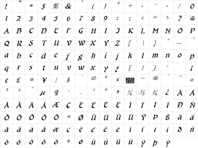 CheshireBroad Italic  glyph index