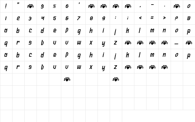 FireflySlant Regular  glyph index