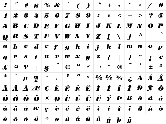 Tiffany LT Heavy Italic  glyph index