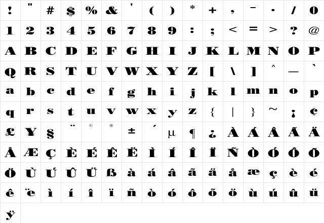 BODIDLYbold Wide Regular  glyph index