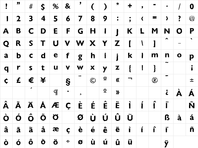 ChantillyAntique Bold  glyph index