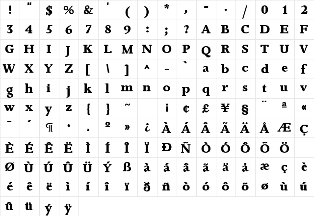 JernaBold Bold  glyph index