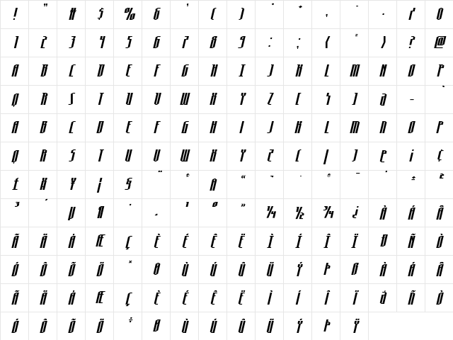 Hydronaut Title Italic Regular  glyph index