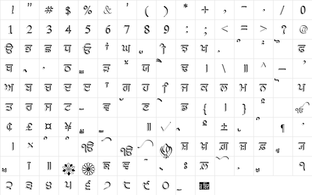 SamtolRaised Regular  glyph index
