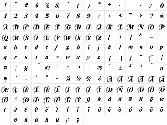 Grain Becker Normal  glyph index