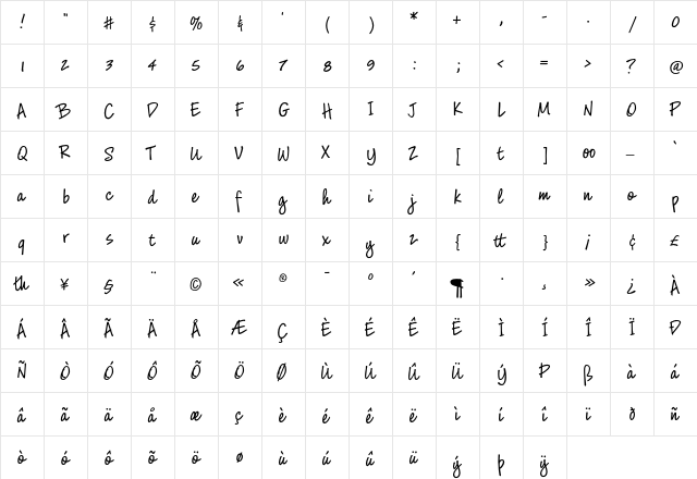 GracesHand Regular  glyph index