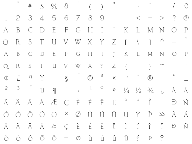 Classic Roman Std Light  glyph index