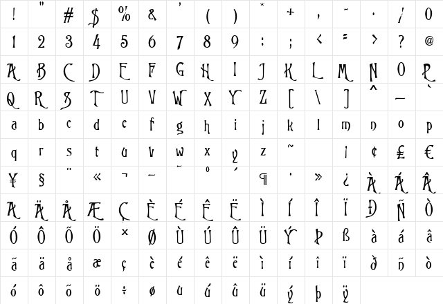 Trinigan FG Regular  glyph index