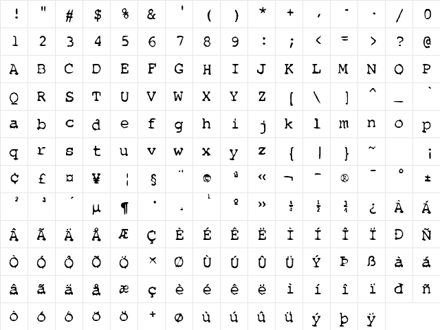 Remington Regular  glyph index