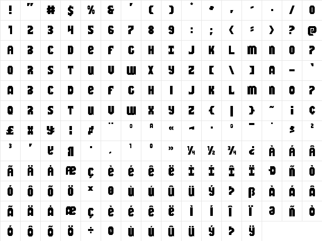 Warrior Nation Expanded Expanded  glyph index