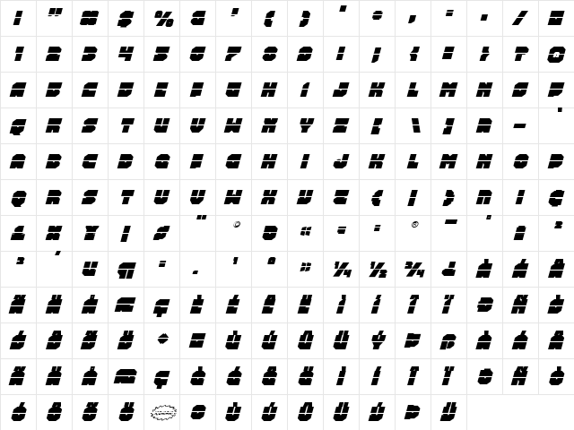 Turtle Mode Laser Italic Italic  glyph index