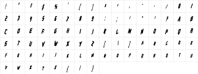Zero Gravity Bold Italic  glyph index
