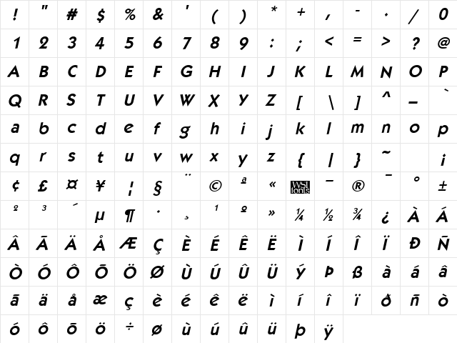 Kabob BoldItalic  glyph index