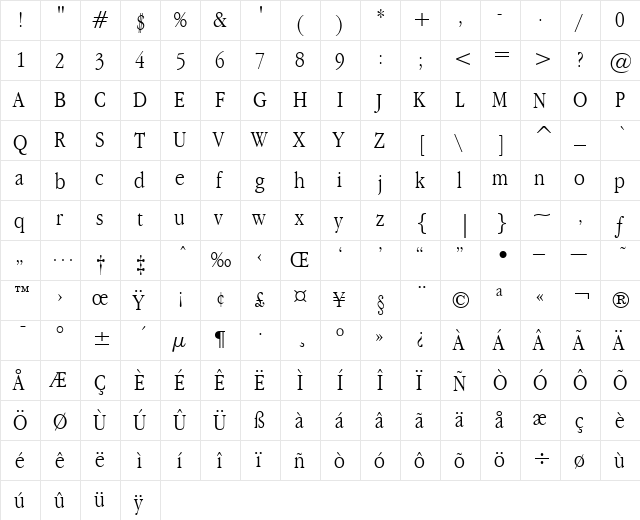 Apple Garamond BT Light  glyph index