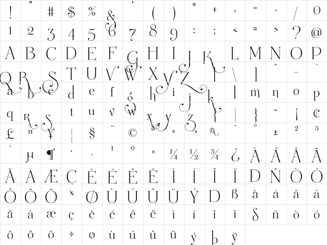 Mussica Swash Regular  glyph index