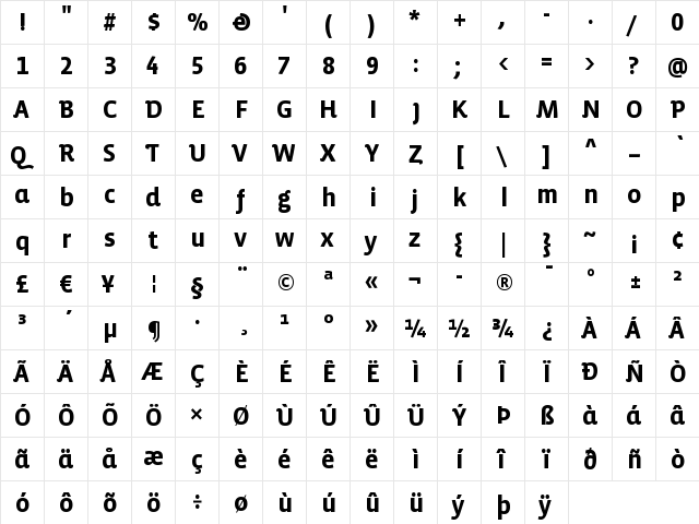 VistaSansAltBold Regular  glyph index